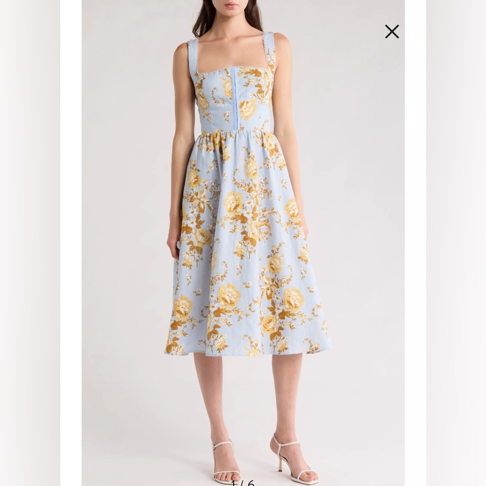 Reformation Blue and Gold Floral Midi Dress